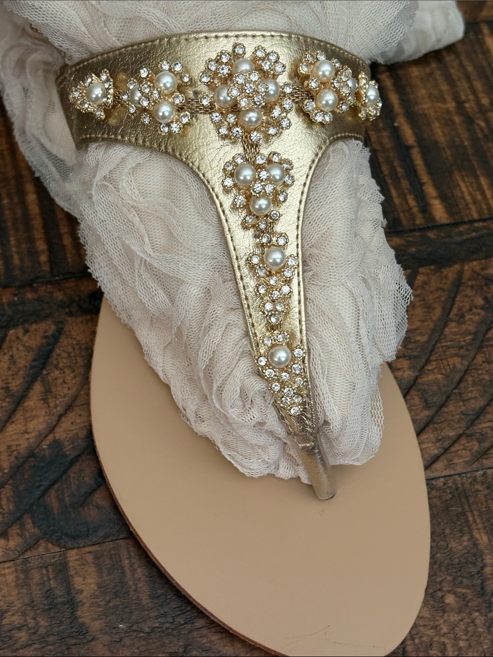 Alexis Leroy Gold Beaded T-Strap Sandals for Women
